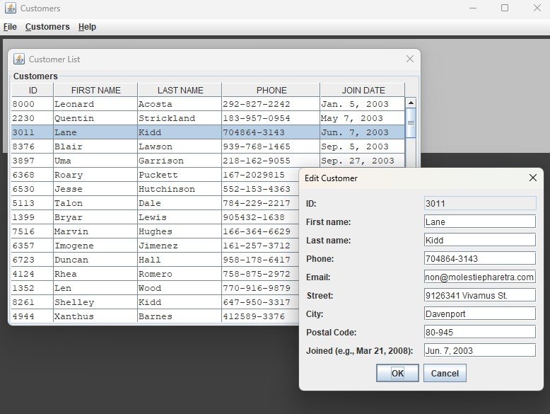 Customer management desktop app showing a customer list and edit dialog
