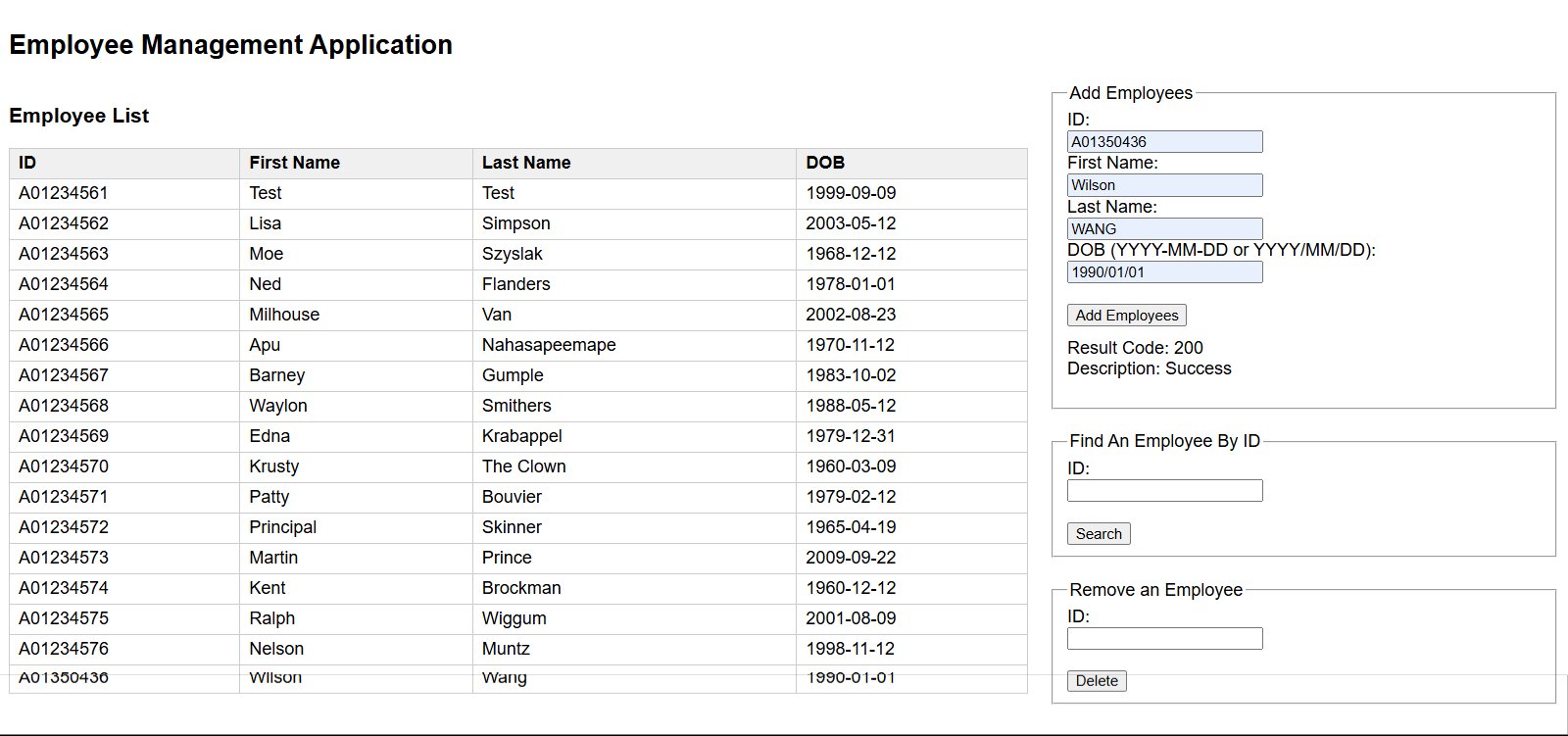Employee management web app showing employee list and add employee form